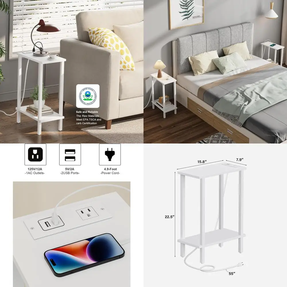 

Белая прикроватная тумбочка с двумя USB-портами для зарядки для гостиной и спальни