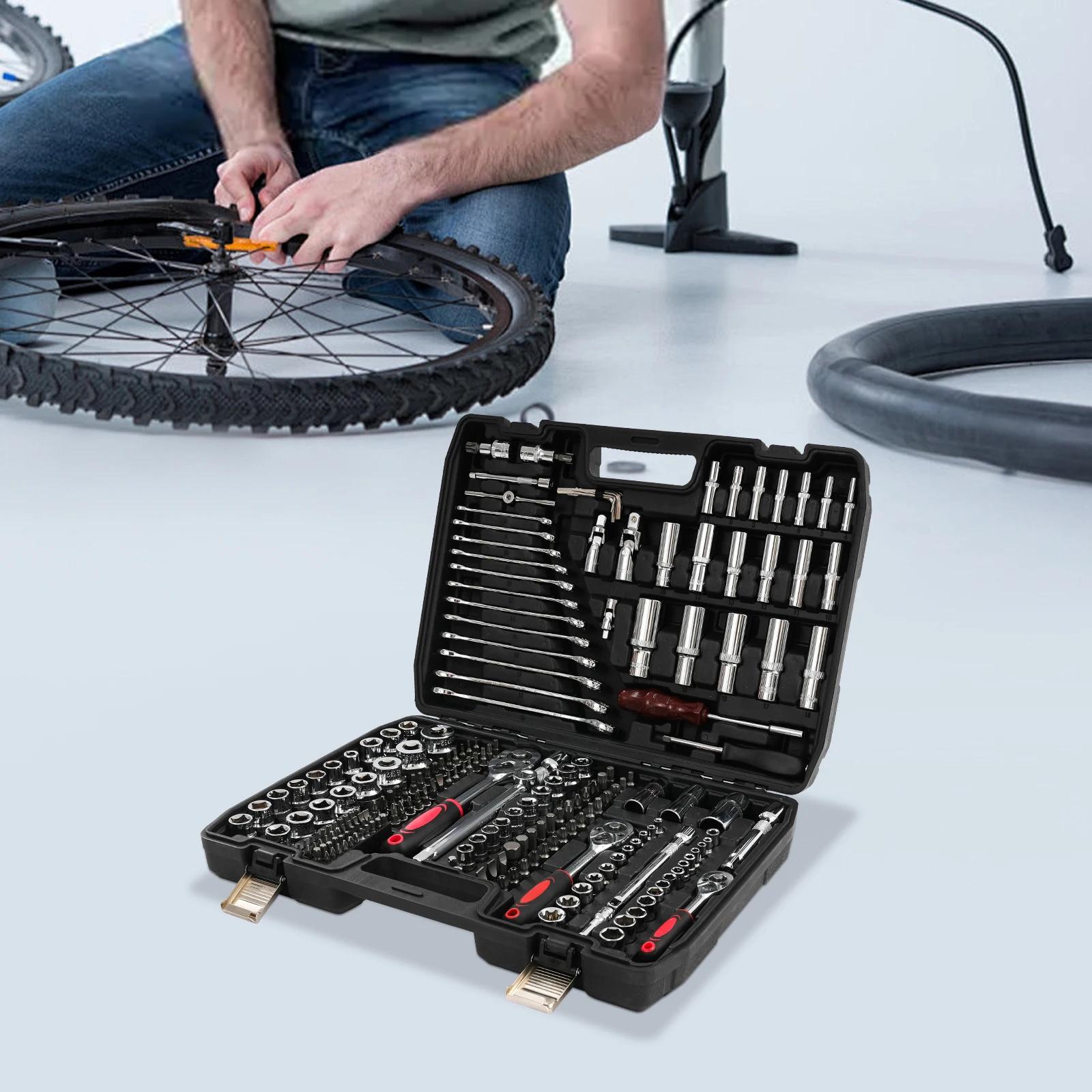 

216-PCS Socket Ratchet Wrench Set Steel Socket Ratchet Box 24* Ratchet Wrench Teeth Tool Box with 216* Socket Ratchet Wrench