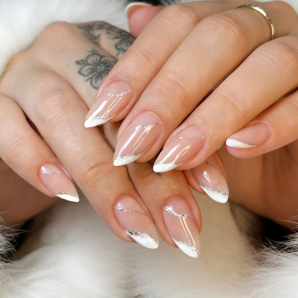 

Acrylic Short Stiletto Fake Nail With Glue Sliver Glitter French Press On False Nails Tips For Woman DIY Manicure Accessory