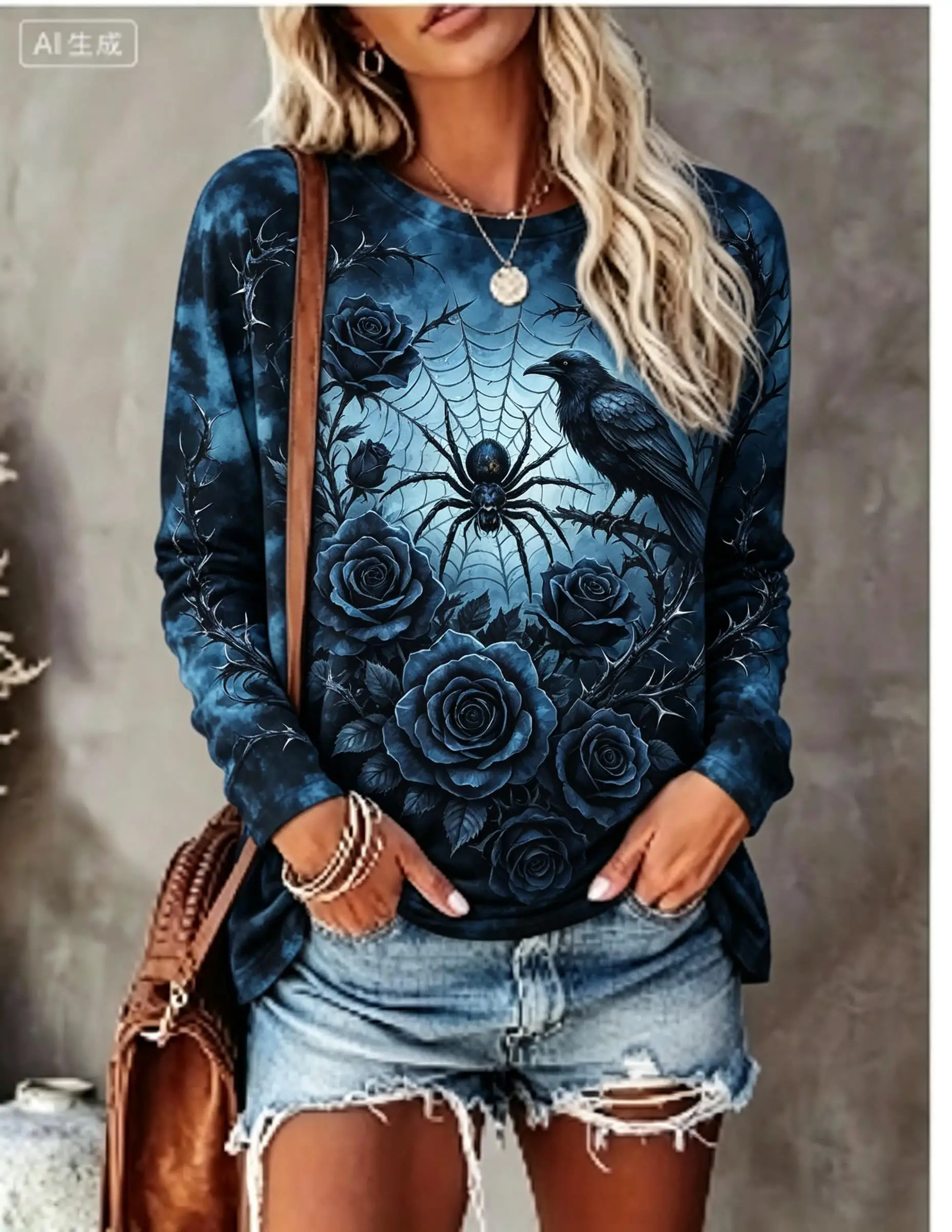 T-shirt à manches longues pour femmes, Halloween, imprimé gothique araignée, corbeau, rose bleue, tie-dye, col rond.