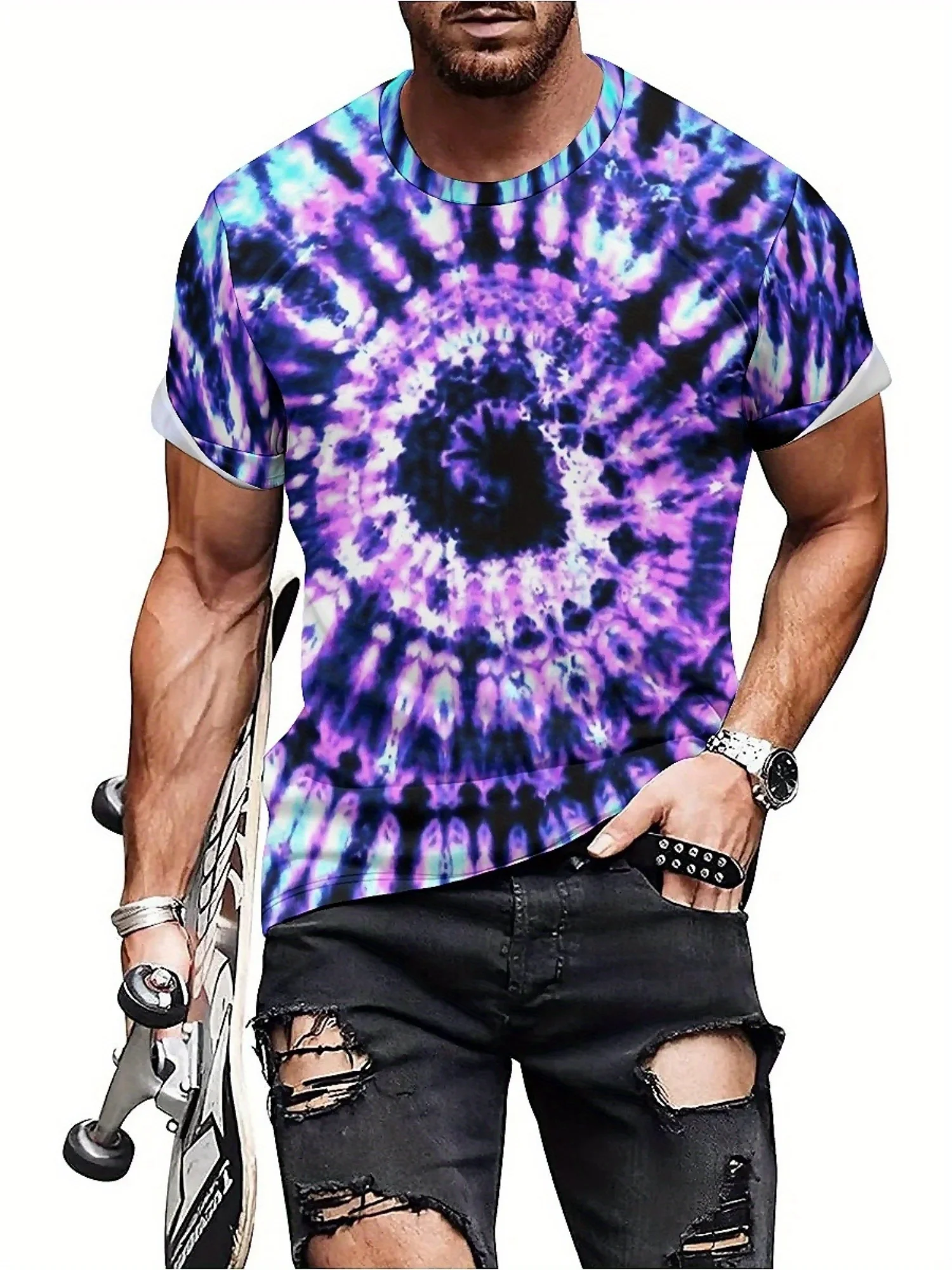 Men'S Plus Size Purple Tie-Dye 3D Print T-Shirt - Soft, Comfortable Polyester Fabric, Breathable &
