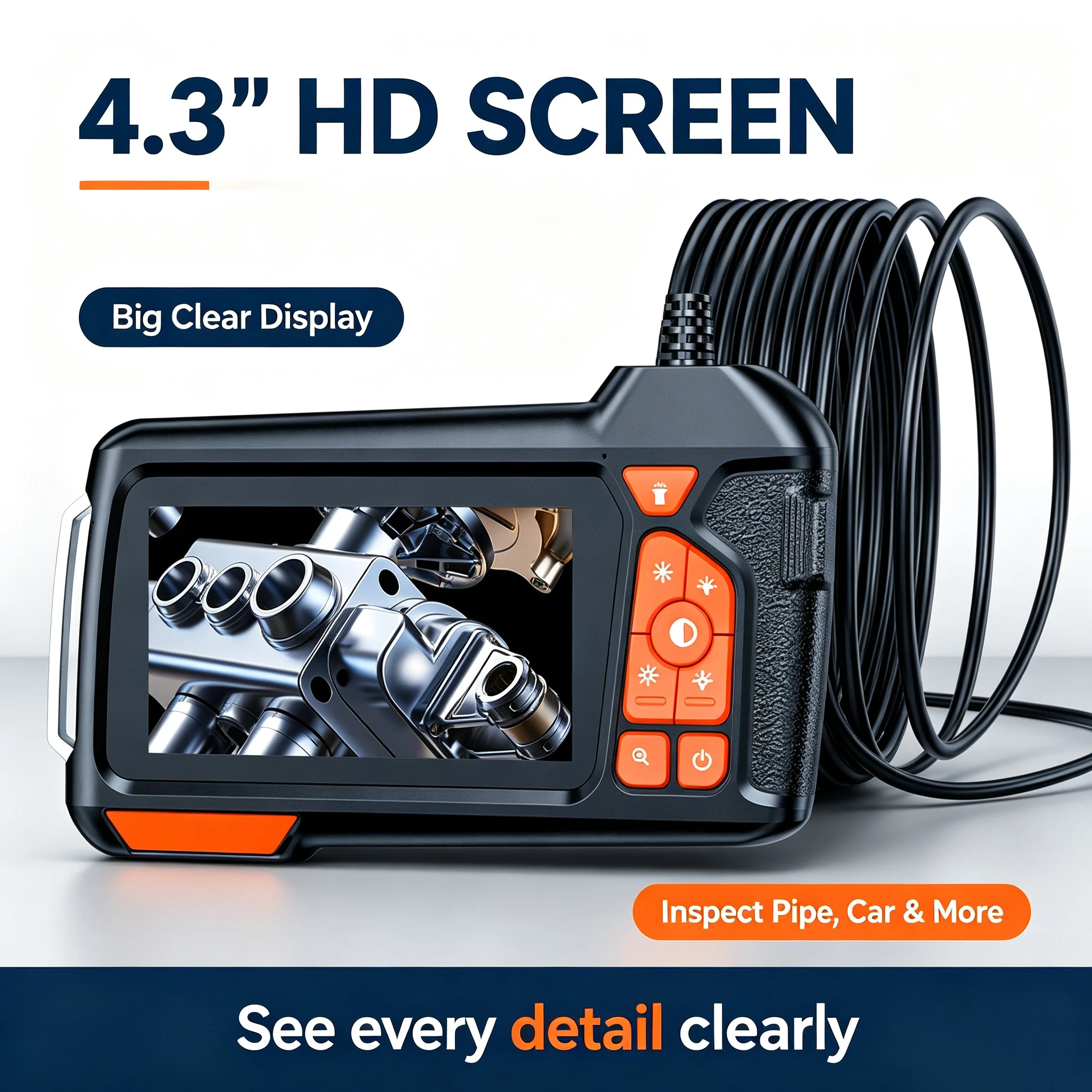 Image of 4,3 Zoll LCD Industrie-Endoskopkamera 1080P HD 5,5mm/8mm Boreskop mit LED-Beleuchtung für Inspektion von Automobilmotoren, HVAC, Abflüssen und Wänden