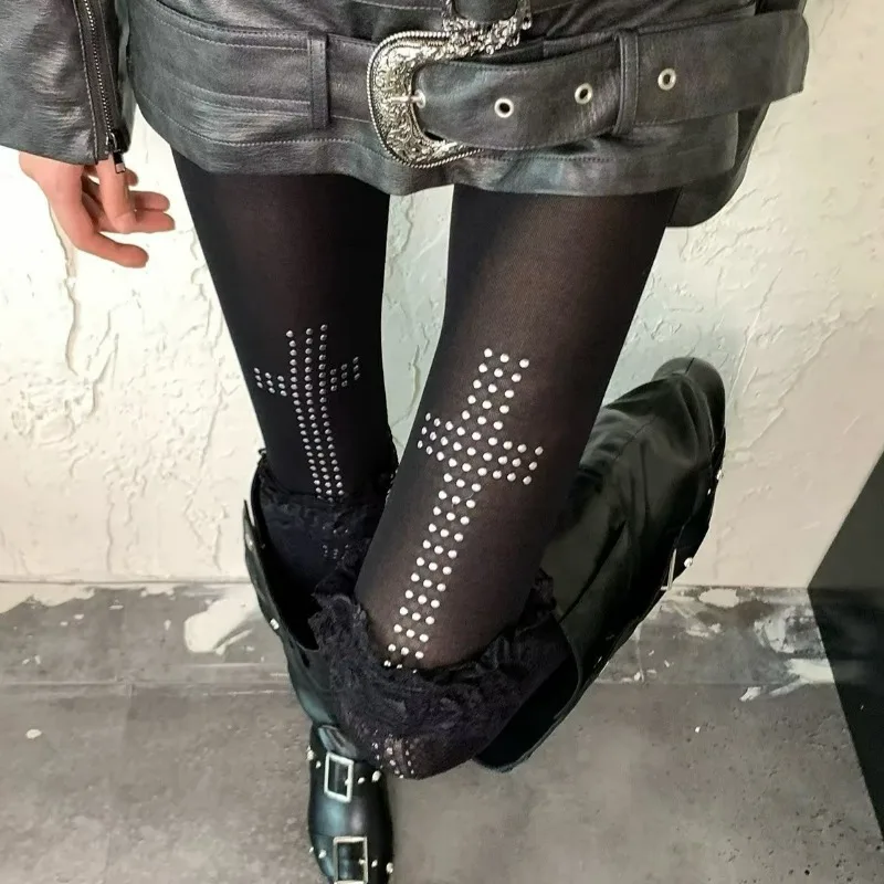Dark Hot Girl Y2k Croce Hot Diamond Pantaloni Stile Punk Sottocultura Millennio Estetica Nera Hip-Hop Casual Cosplay Collant