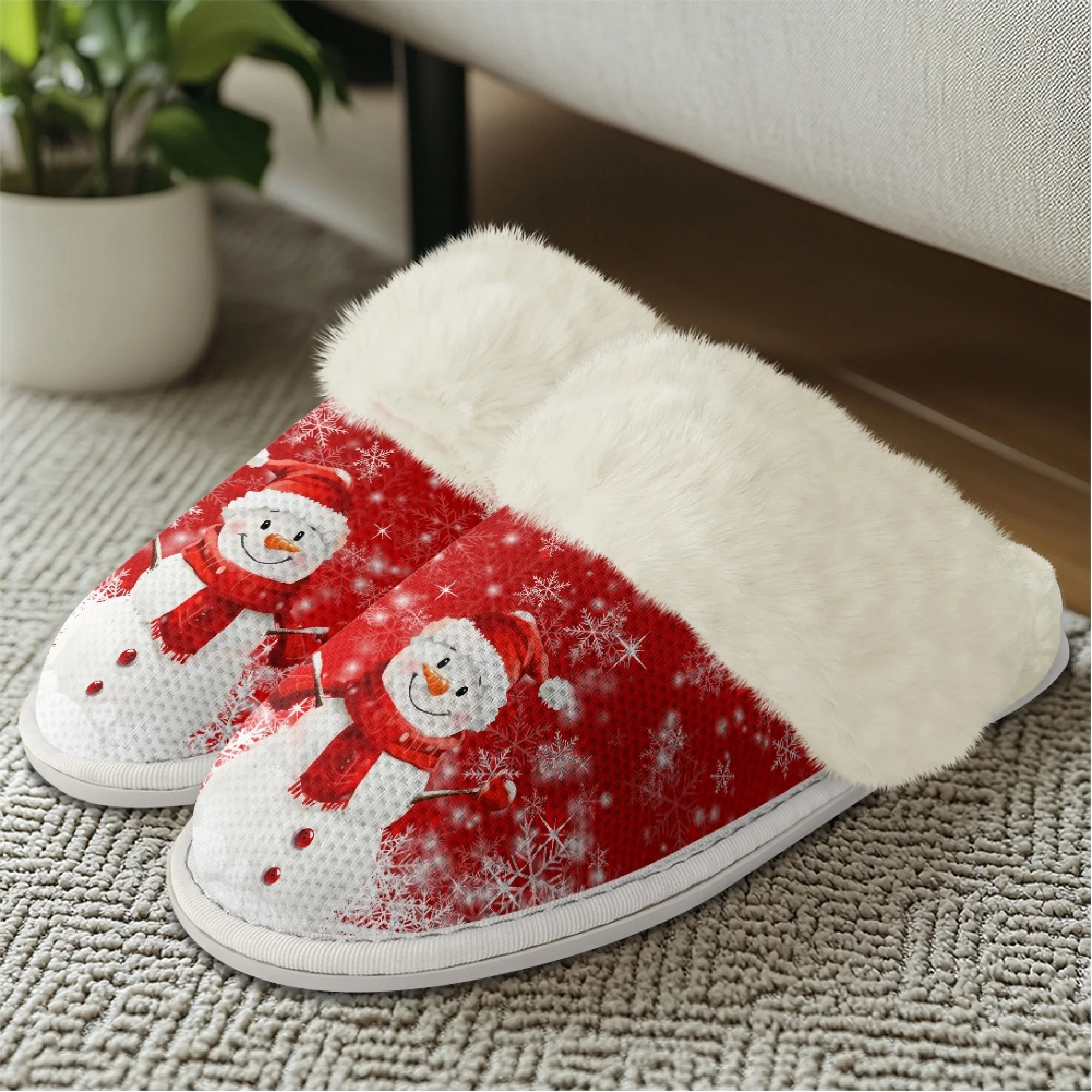 INSTANTARTS Women Flat Fuzzy Slippers Christmas Happy Snowman Anti Slip Casual Comfortable Indoor Winter Shoes Keep Warm