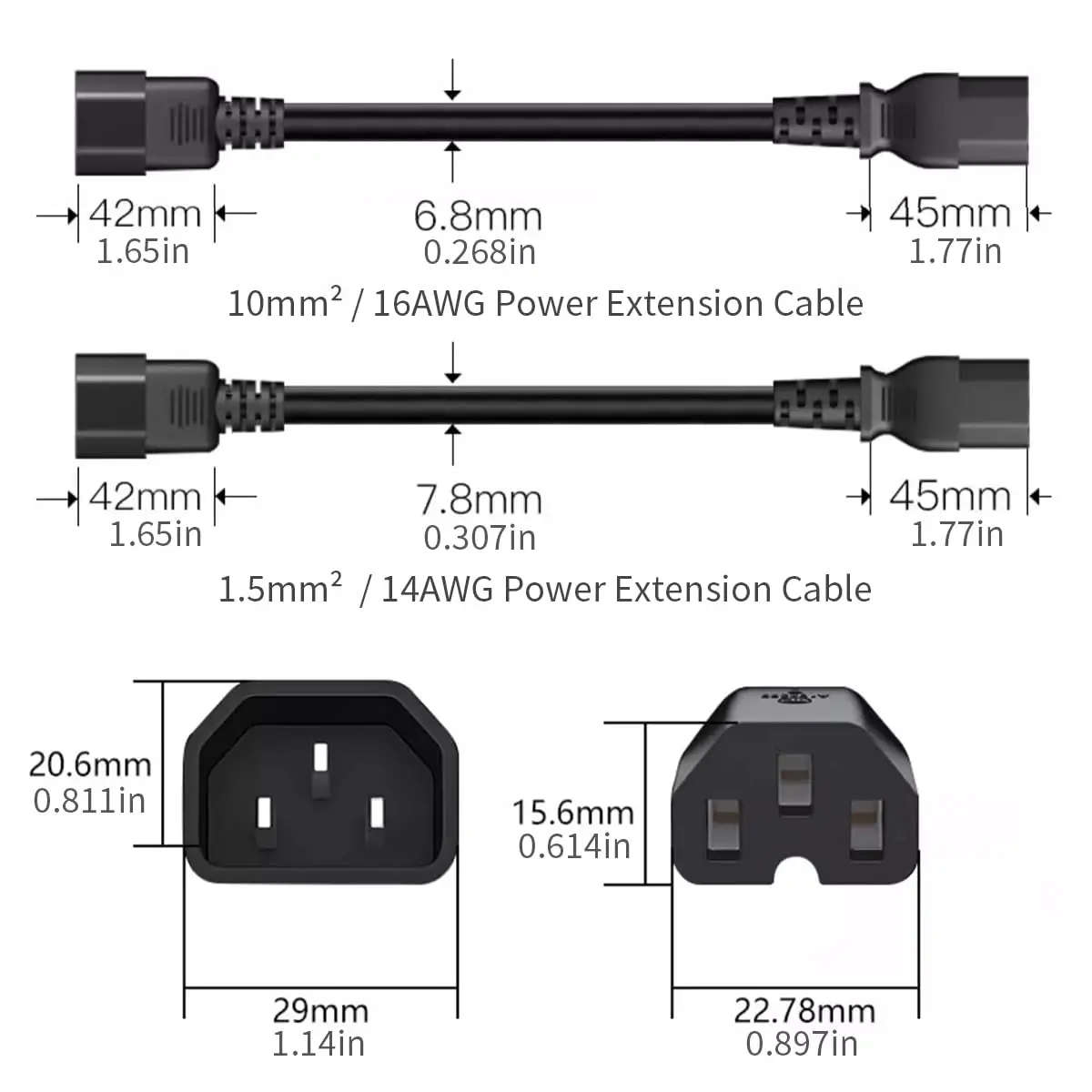 TOWE IEC C14 to C15 Power Extension Cable 10A 250V Heavy Duty Hot Condition Cord for Server Rack PDU UPS Data Center