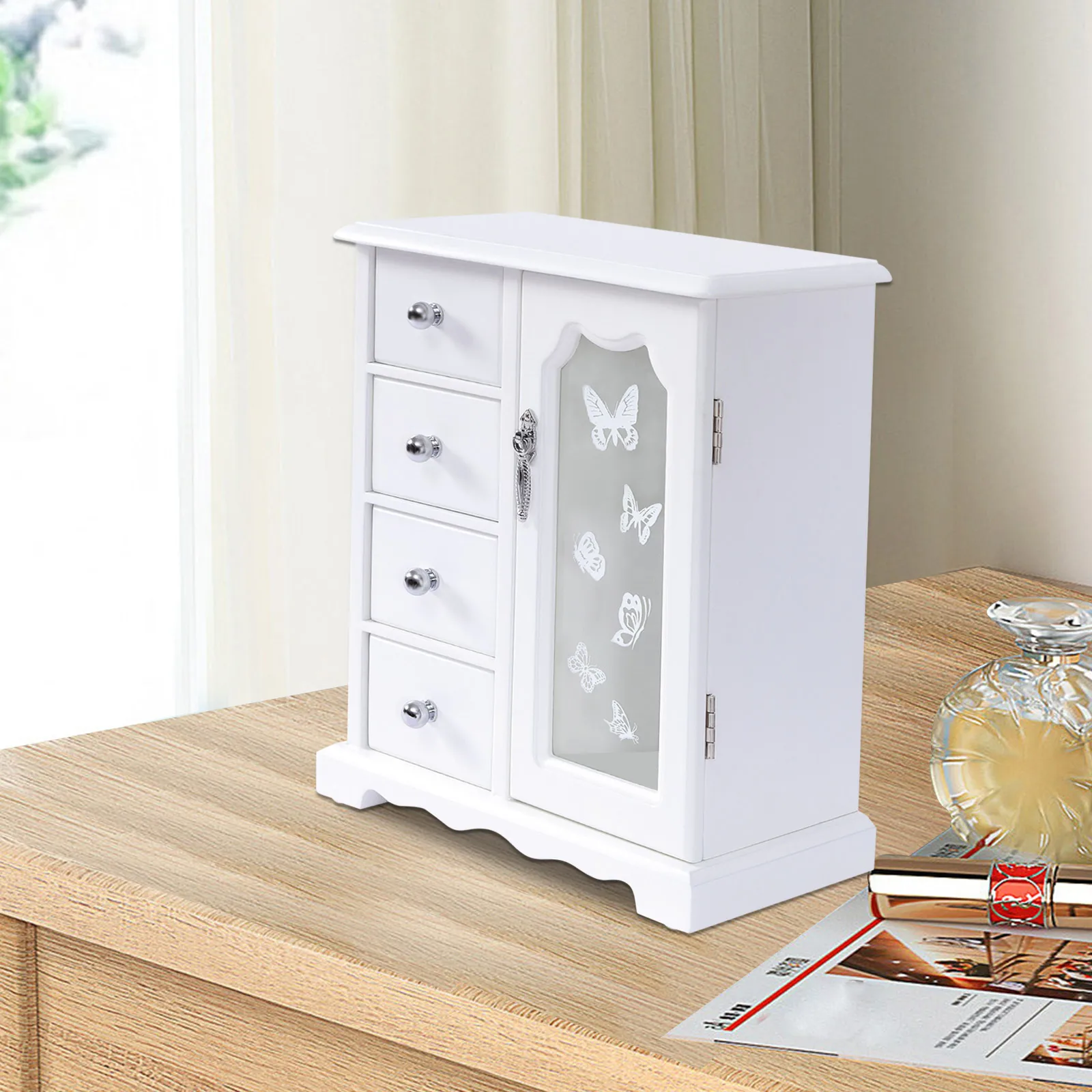 

Elegant Jewelry Box with Mirror & Rotating Hooks, 4-Drawer Organizer for Earrings, Rings, Necklaces, 360° Rotating Hooks