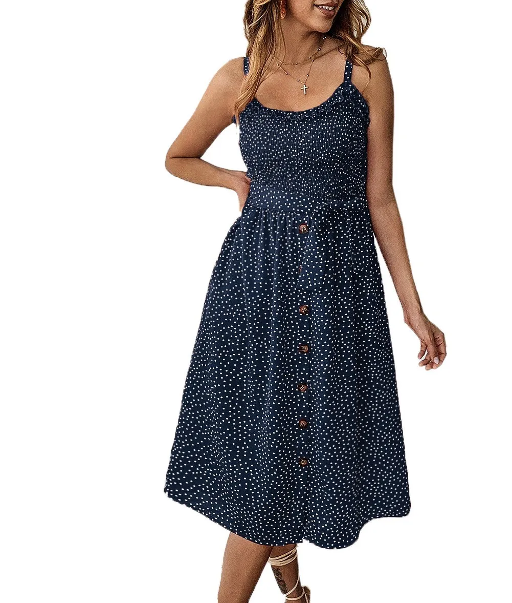 Spring Summer Polka Dot Floral Print Long Dress with Pleated Hem Tie Waist Button up Cotton Gauze Commute Style V Neck a Line...