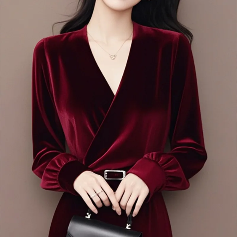 Temperament fan sense long high cold royal sister wind wine red velvet dress