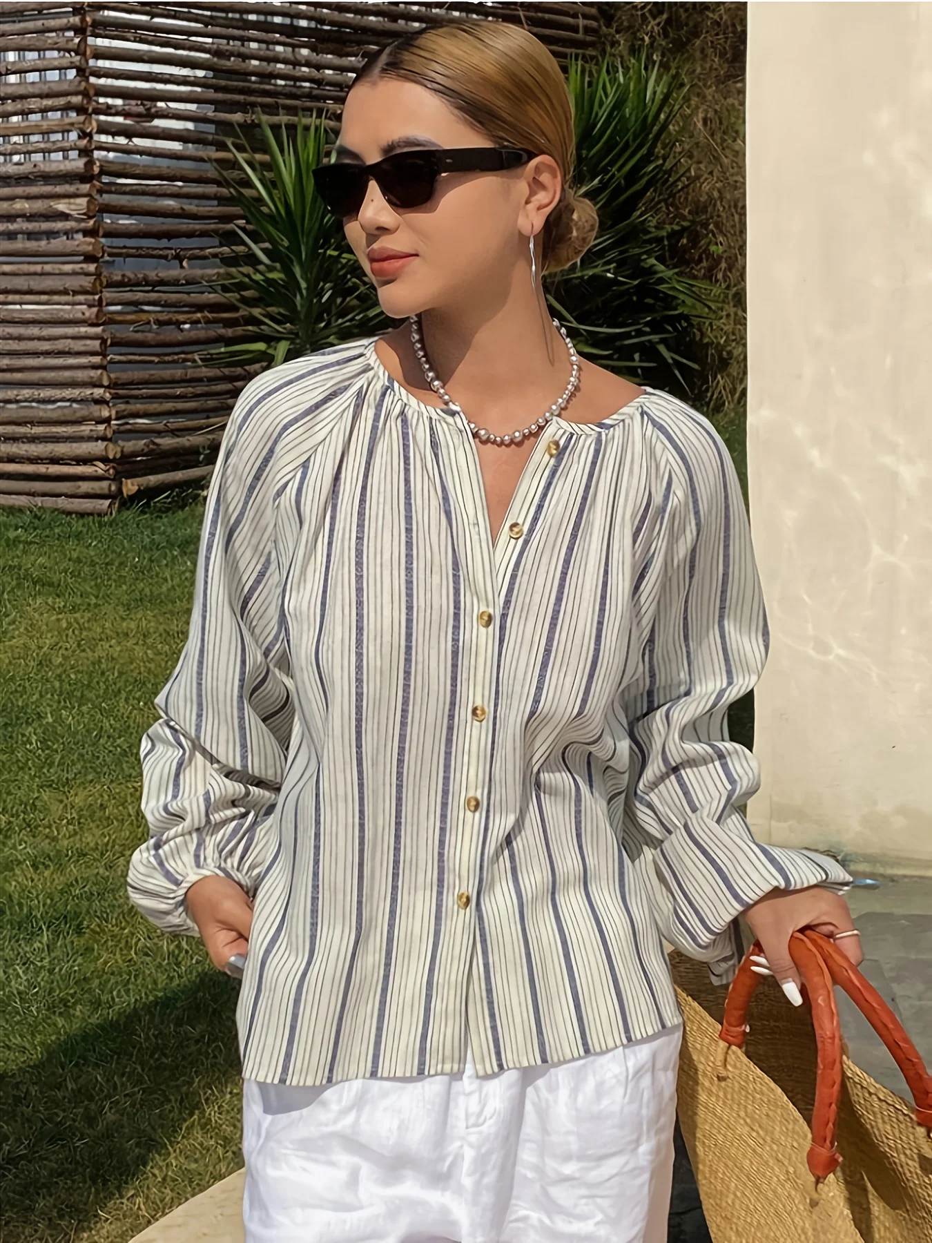 Mens Linen Shirt Long Sleeve - Damen Freizeitbluse aus Leinenmischung mit Streifen,