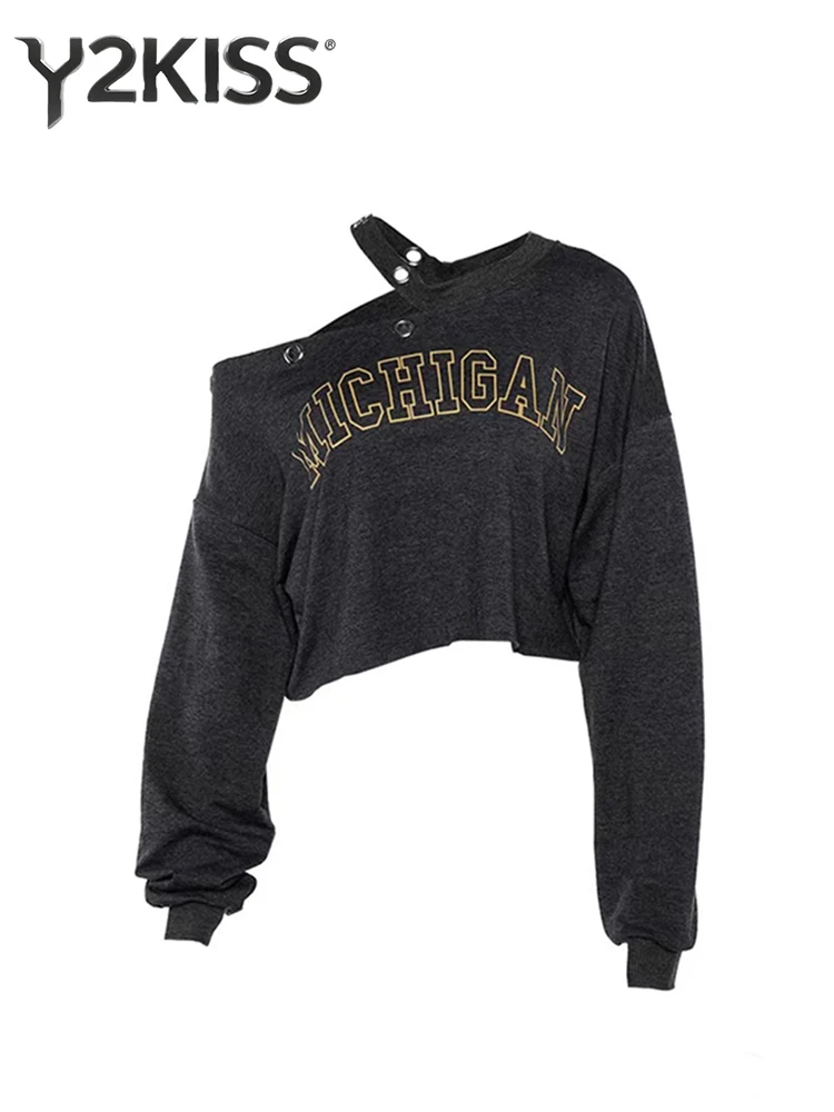 

Осень-зима женские пуловеры в американском стиле ретро с капюшоном с длинными рукавами и открытыми плечами укороченные толстовки 2000-х годов Y2k Harajuku корейская новинка