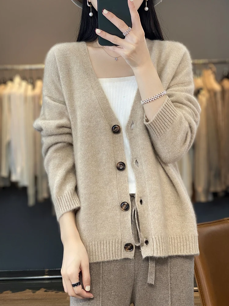 New Chic Women V-neck Cardigan Solid Soft Warm 100% Merino Wool Sweater Autumn Winter Casual Loose Cashmere Knitwear Korean Tops