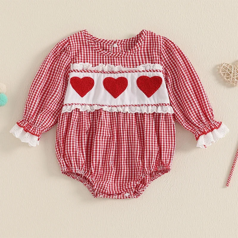 

0-18M Baby Girl Valentine's Day Romper Heart Plaid Lace Trim Round Neck Long Sleeve Jumpsuit Sweety Baby Bodysuits Outfits