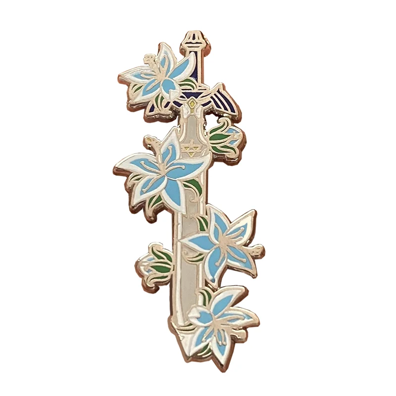 Produce Cartoon Blue Lilies Beautiful Cool Swords Lapel Pins Unique College High Quality Silver Metal Hard Enamel Badge For Gift