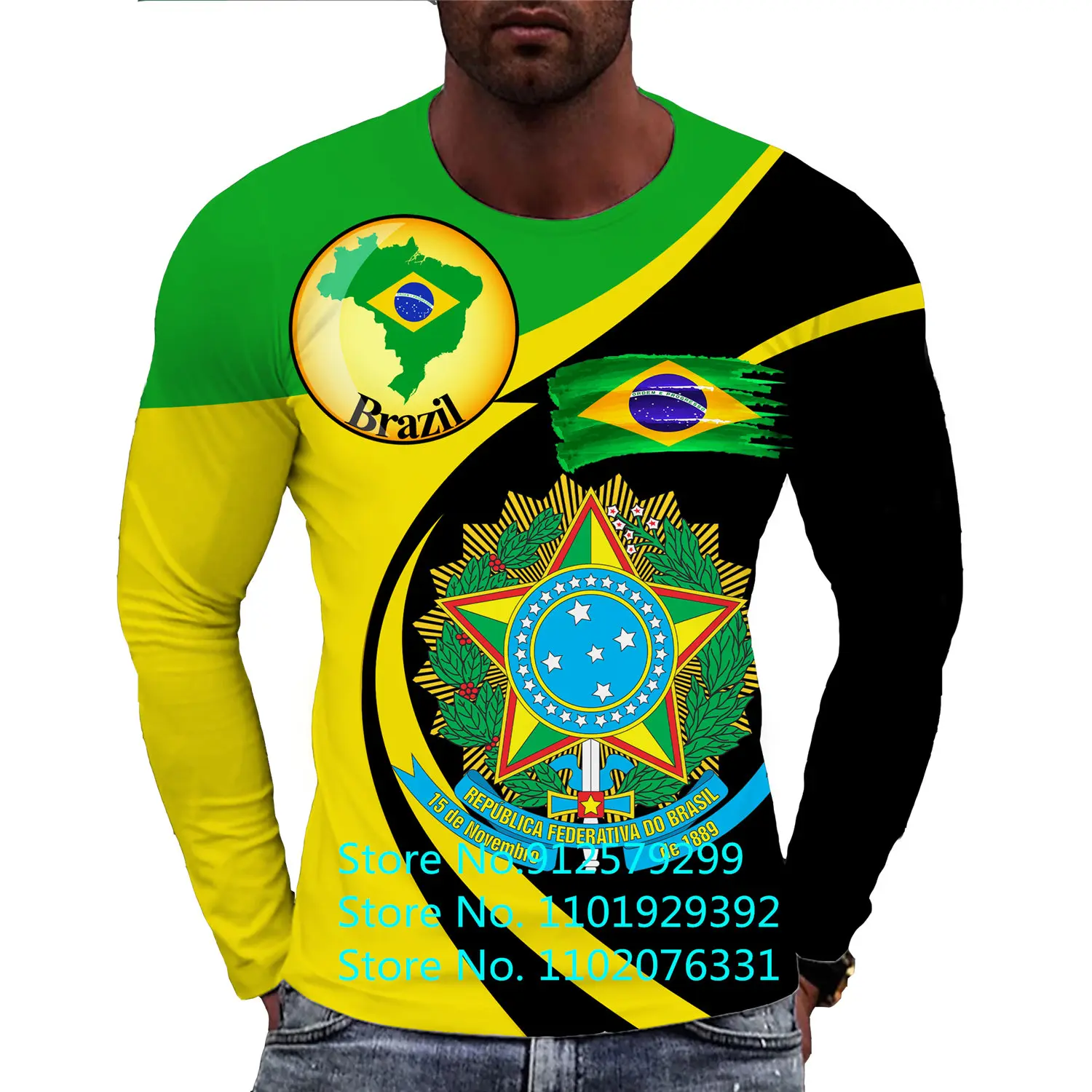 2022 Men\'s Brazil Flag Graphic T-Shirt Fashion 3d Print Brasil Long Sleeve Tops Streetwear Sports Pullover