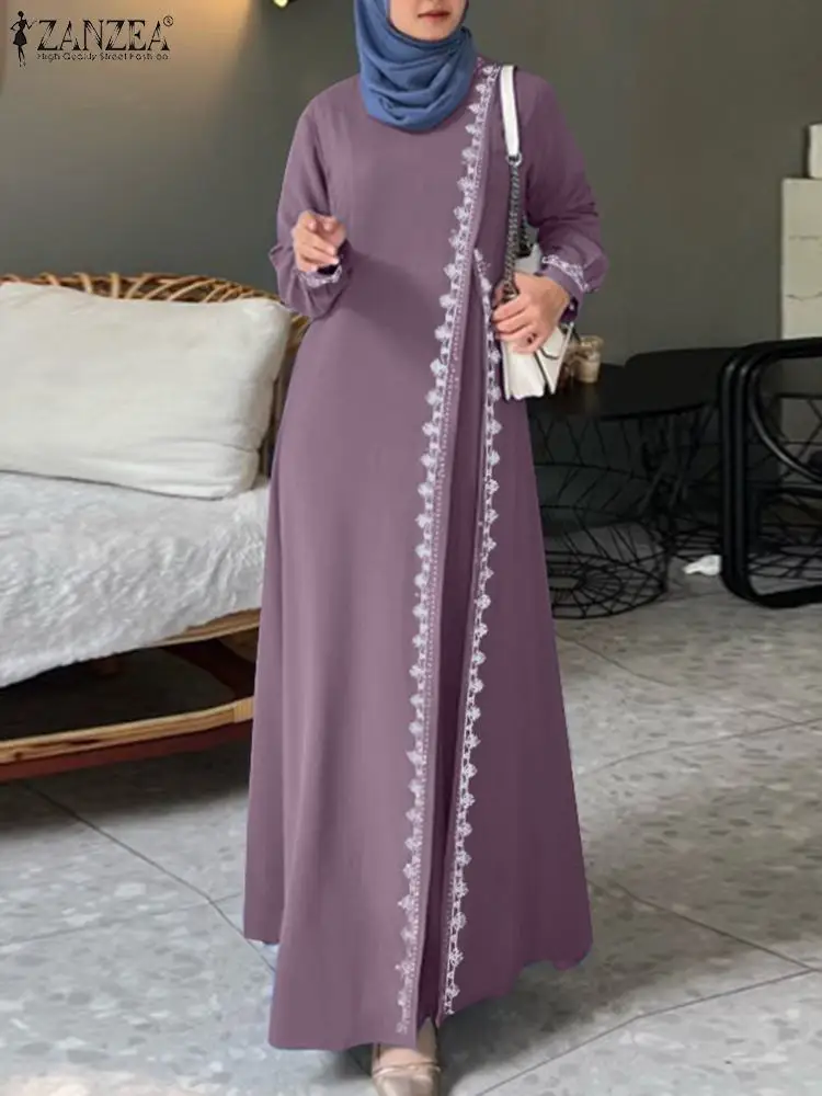 

ZANZEA Stylish Women Spring Muslim Abaya Dress Robe Femme Casual Islamic Clothing Turkey Dress Long Sleeve Lace Crochet Sundress