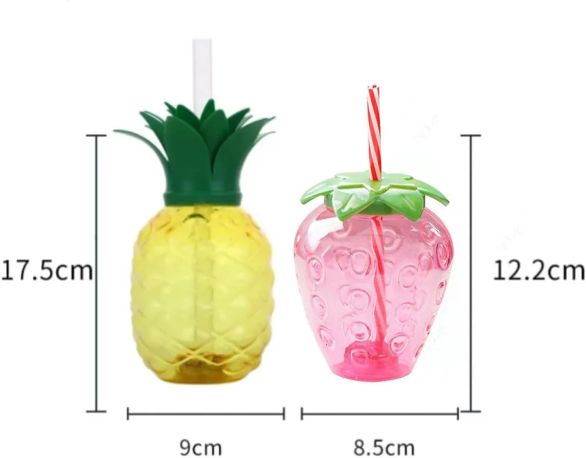10pcs Plastic Strawberry Pineapple Drinking Cup with Straw Hawaii Party Decoration Luau Flamingo Summer Beach Pool Party Decor