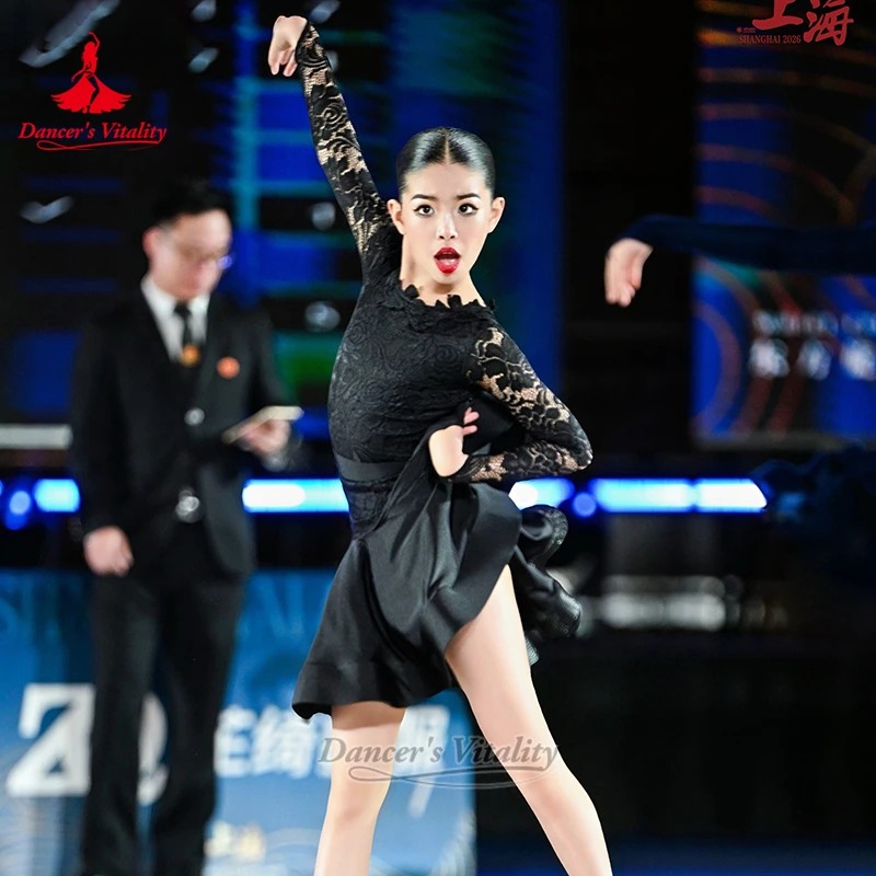 Girl's Black Lace Long Sleeves Bodysuit+Skirt Practise&Perform Latin Dancing Set Teenagers Chacha Clothing Dancer's Vitality