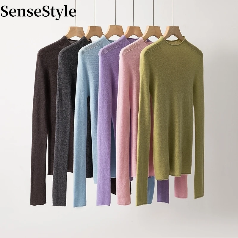 Half High Collar 100% Pure Wool Sweater Women Seamless Slim Long Sleeve Basic Knit Pullover Tops