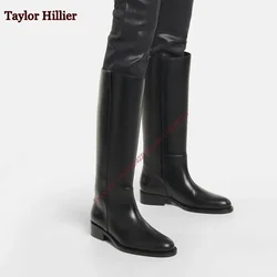 Black Round Toe Slip-On Women'S Boots Patent Leather Thick Heel Flat Knee-High Boots Fashionable Luxury Comfortable Winter Boots