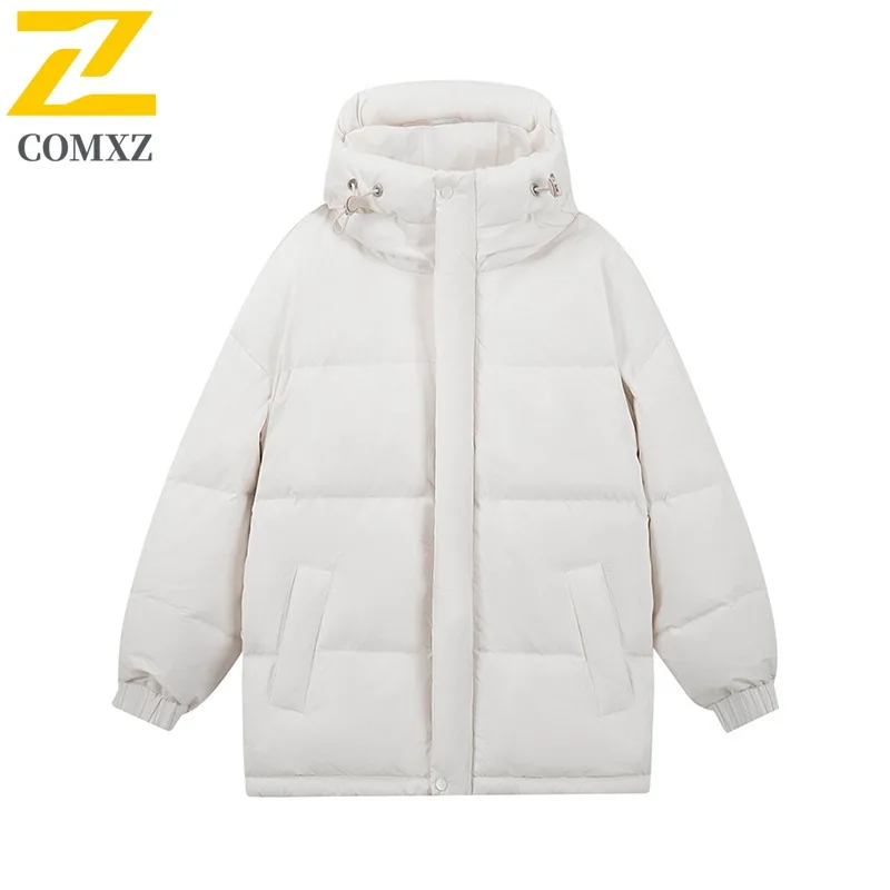 COMXZ Men Winter Jacket Solid Color Warm New Mid Length Snow Trip Loose Premium Camping Puffer Jacket Coldproof Parker Coats