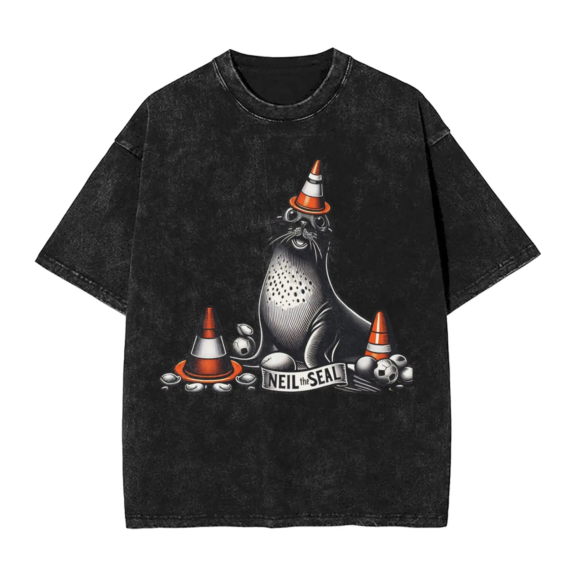 Washed T Shirt Neil The Seal Beach Hip Hop T-Shirt Harajuku  Streetwear Short Sleeve Graphic Printed Tops Tee Shirt Men Women