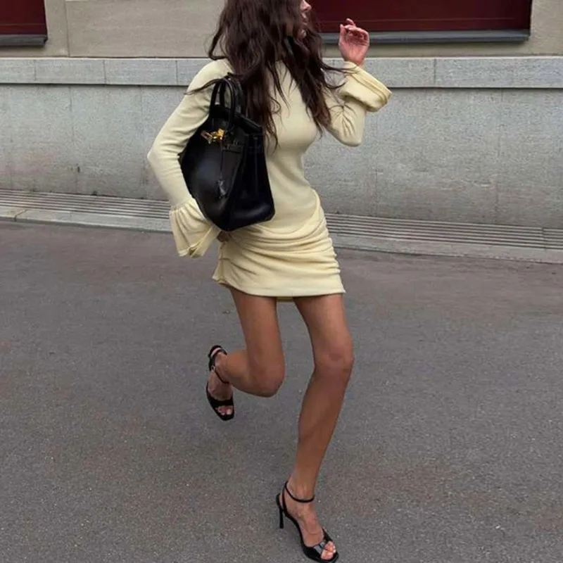 Talenza Elegant Shrink Mini Dress Fashion Flare Sleeve Solid Casual New Dresses High Waist Streetwear Y2k Women Dresses Vestidos