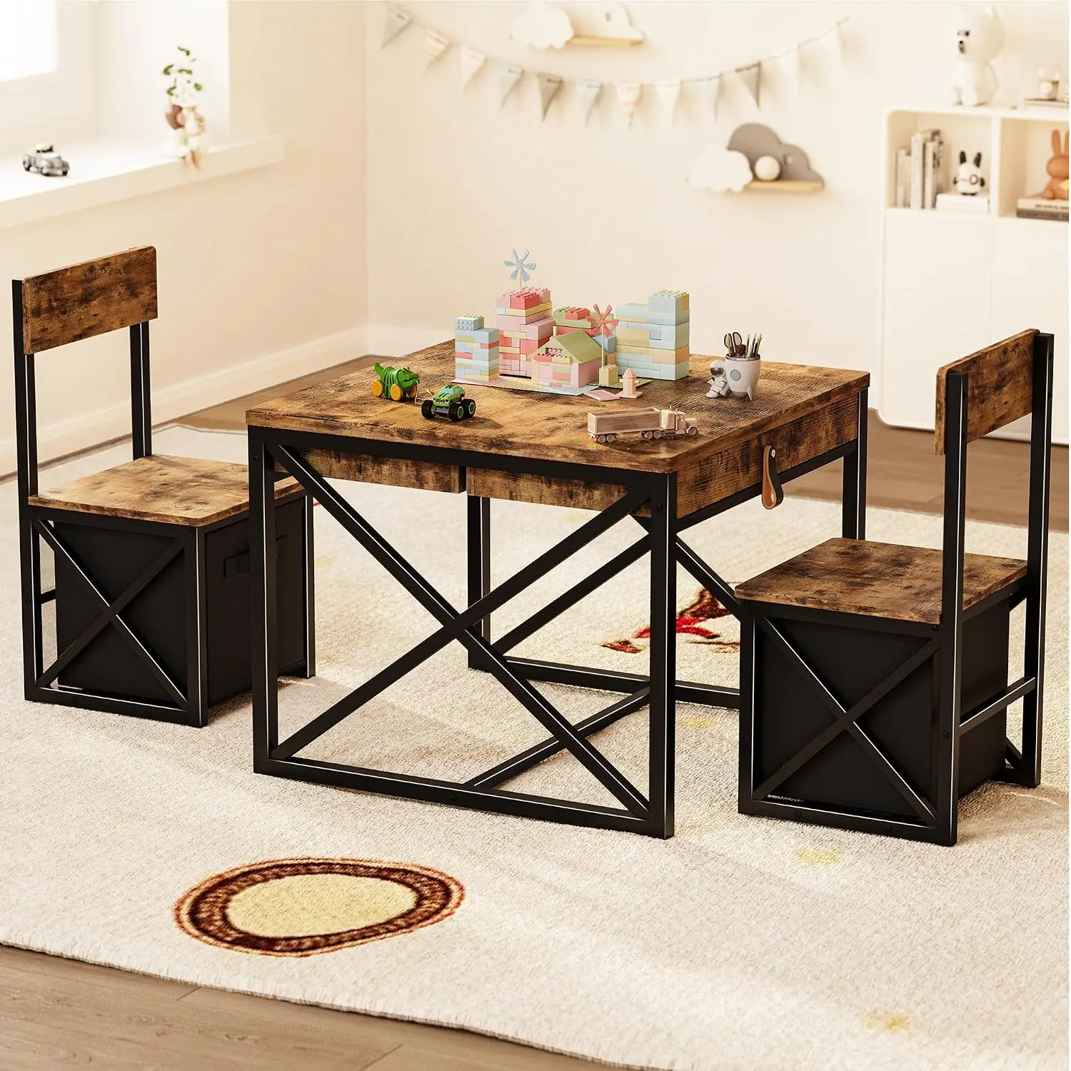 Kids Table and 2 Chairs Set with Under-Chair Storage, Toddler Activity Desk Set for Crafts Drawing Reading, Easy-Clean Wipeable Surface, Simple Assembly