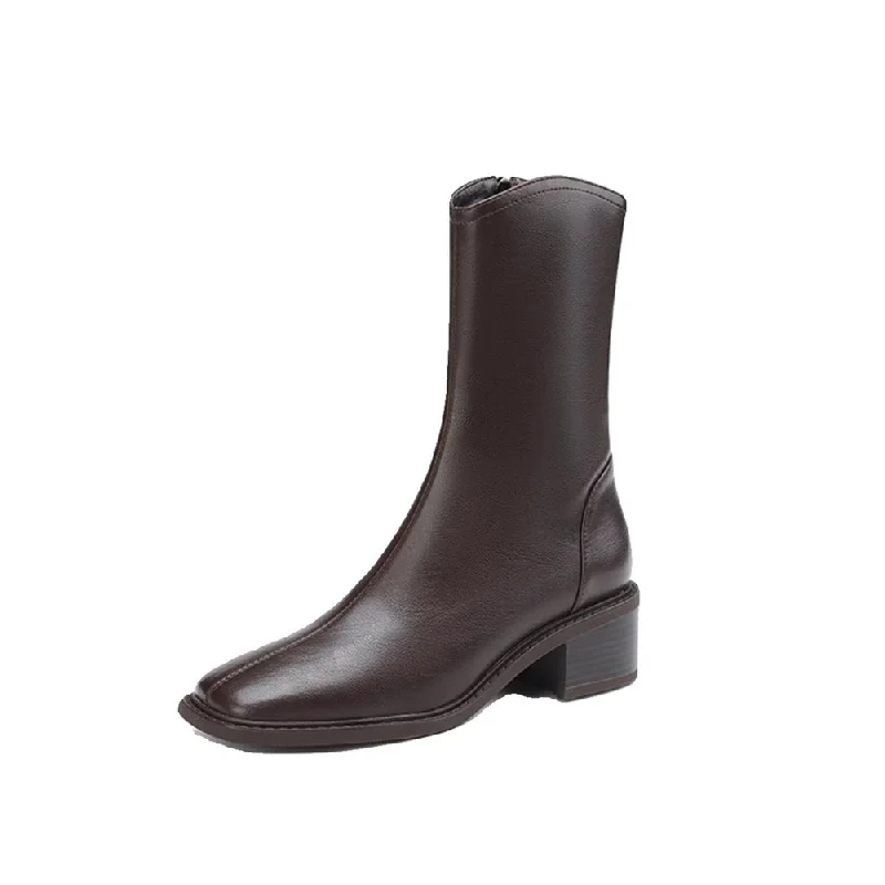 Damen-Stiefeletten aus Leder mit eckiger Zehenpartie, Blockabsatz, seitlichem Reißverschluss, im Vintage-Stil, elegant, kurze Stiefel, ideal für den täglichen Gebrauch und als Schuh für festliche Anlässe. – Detail 6