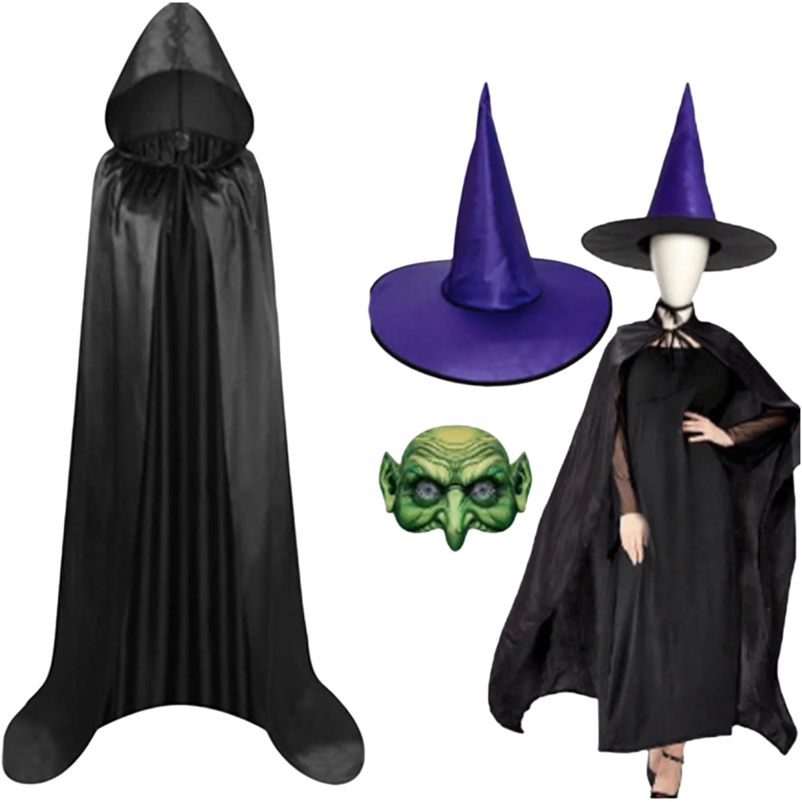 Witch Accessories Sets with Hooded Cloak Cape Witches Hat Face Mask Some with Gloves Stockings for Women Halloween Cosplay 2