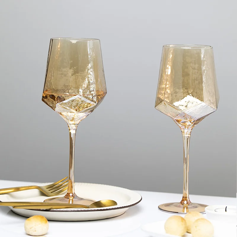 Light Luxury Gold Amber Champagne Goblet Wine Glasses Nordic Colored Home Lead-free Crystal Glass Hammered Diamond Whisky Cup