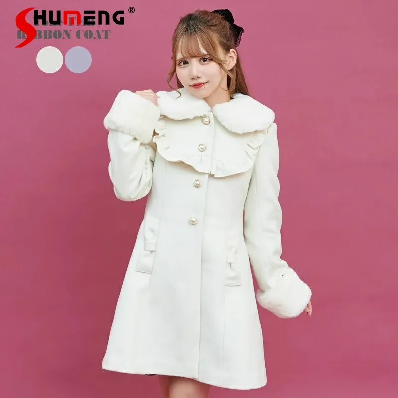 Japanese Lady Fur Collar Fur Sleeve Coats Women Autumn and Winter Slim Back Waist Lace-up Long Sleeve Mid-Length Woolen Coat