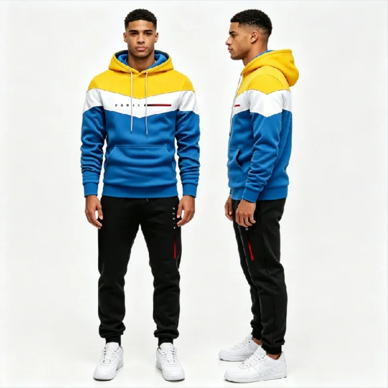 

Men Color Block Hooded Tracksuit 2Piece Set Long Sleeve Pullover Hoodie + Elastic Waist Jogger Pant Warm Casual Daily Sportswear