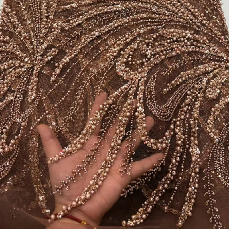 

New Unique Line Design Fabric Handmade Embroidery Net Lace Beads Sequin Afrcian For High-end Women's Wedding Party Dresses