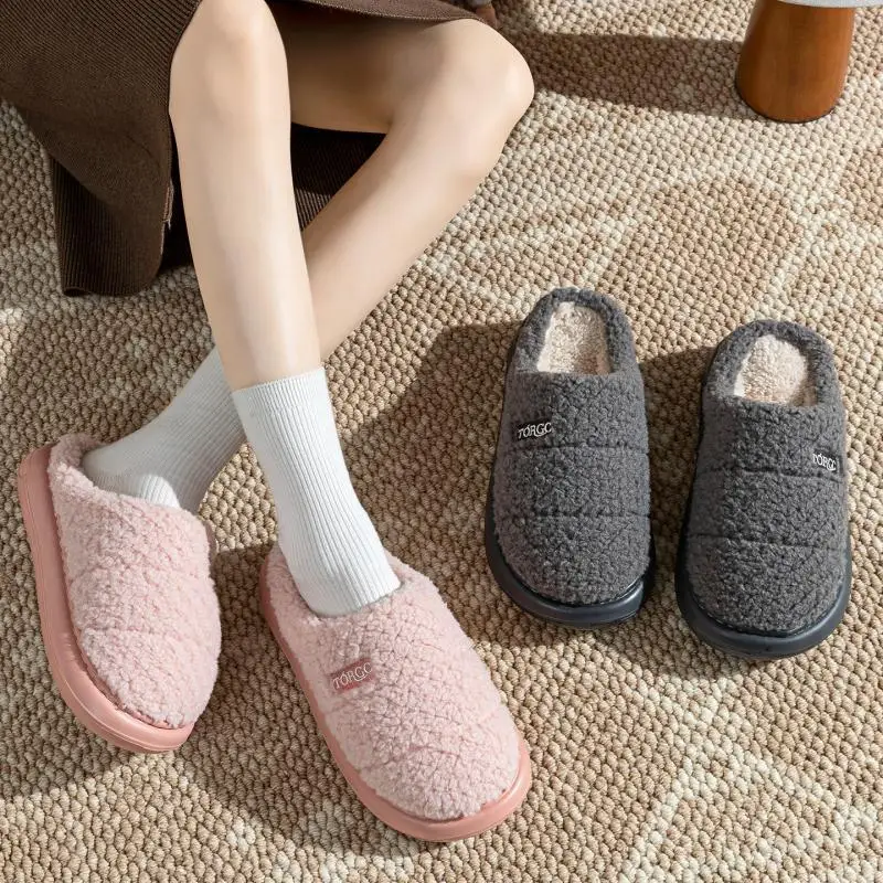 Faux Lamb Wool Cotton Slippers for Women Thick Soles Anti Slip Indoor Slippers Couples Warm Short Plush Light Weight House Shoes