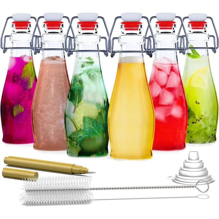 

8.5 Oz 250 mL Clear Teardrop Swing Top Glass Bottles with Airtight Lids 6 Pack Includes Folding Funnel Cleaning Brush and Gold