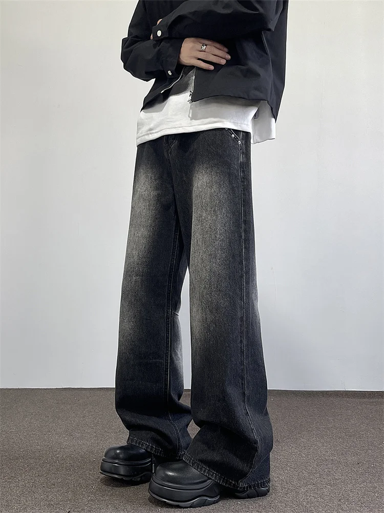 

Graduated Black Jeans Men's American High Street Versatile Handsome Street Trendy Brand Washed Loose Straight Long Pants