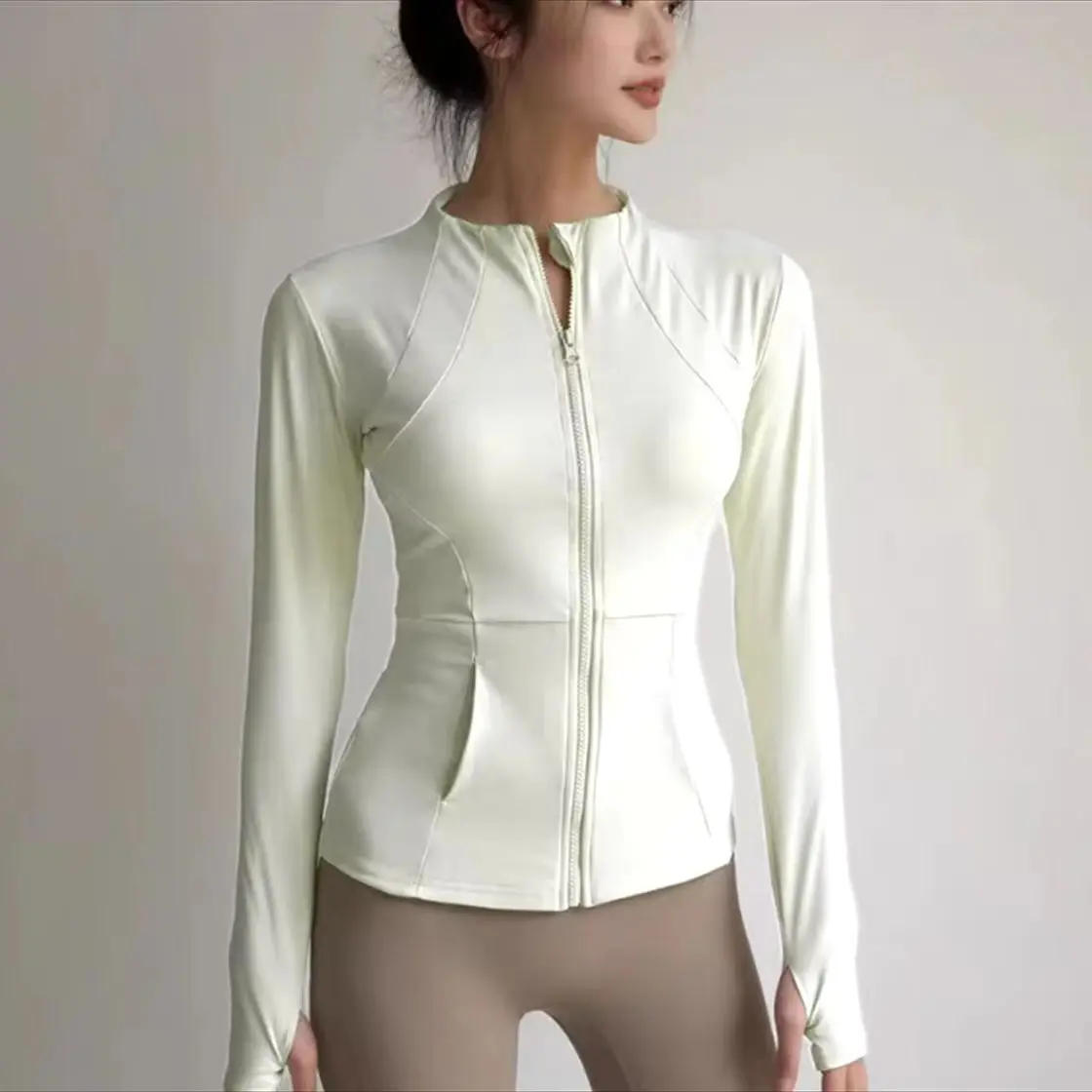 Solid Casual Slim Coat Women Fitness Stand Up Collar Long Sleeves Zipper Pocket Jacket Female Yoga Gym Running Cycling Clothes