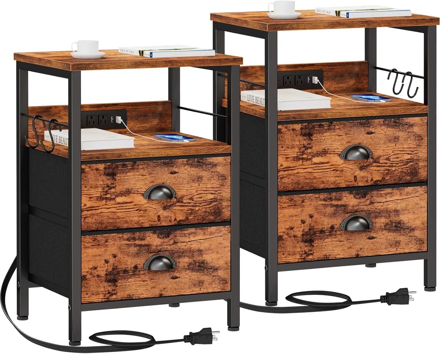 

Nightstand Set of 2, Rustic Brown, with Charging Station and USB Ports, Side Tables with 2 Fabric Drawers, Bedside Tables