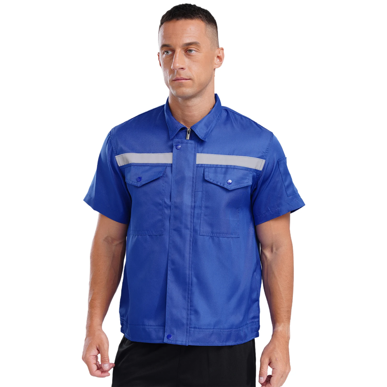 Mens Workwear Motor Mechanic Repair Workshop Two-pocket T-shirts Tops Reflective Stripes Zipper Jacket Factory Workshop T-shirts