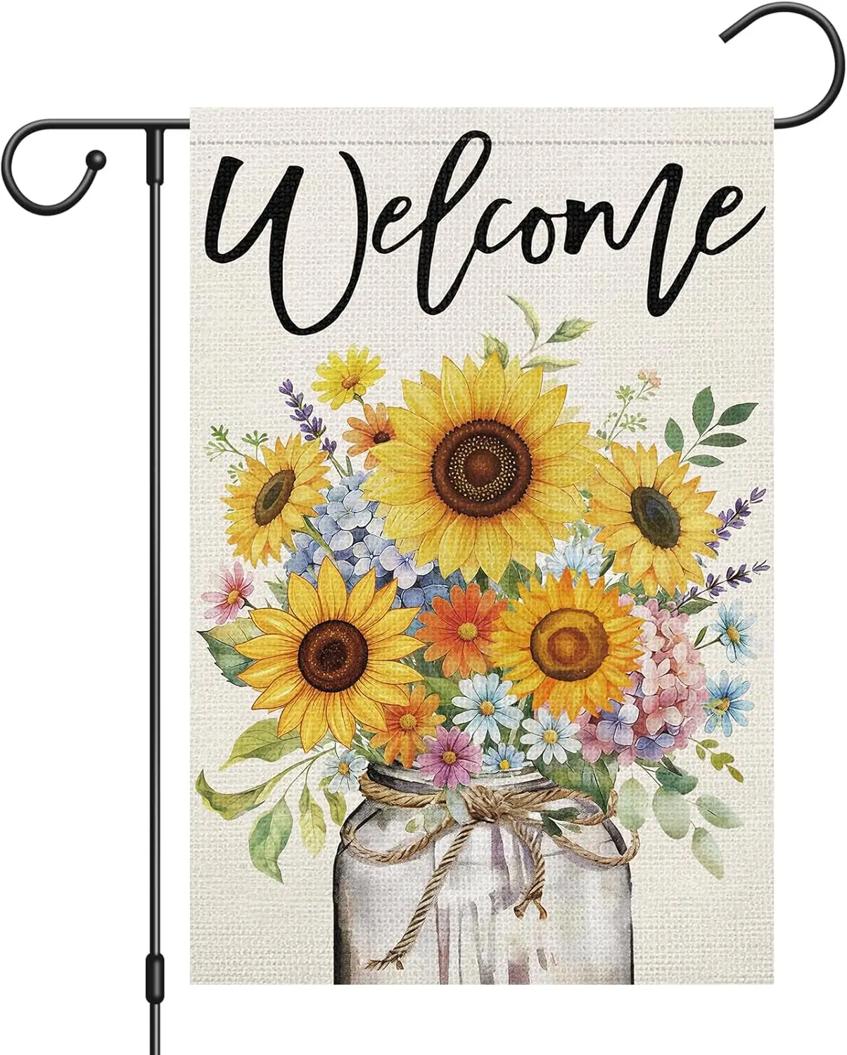 Heyfibro Welcome Summer Sunflower Garden Flag 12x18 Double Sided Burlap, Spring Summer Floral Mason Jar Yard Banner for Rust AAS