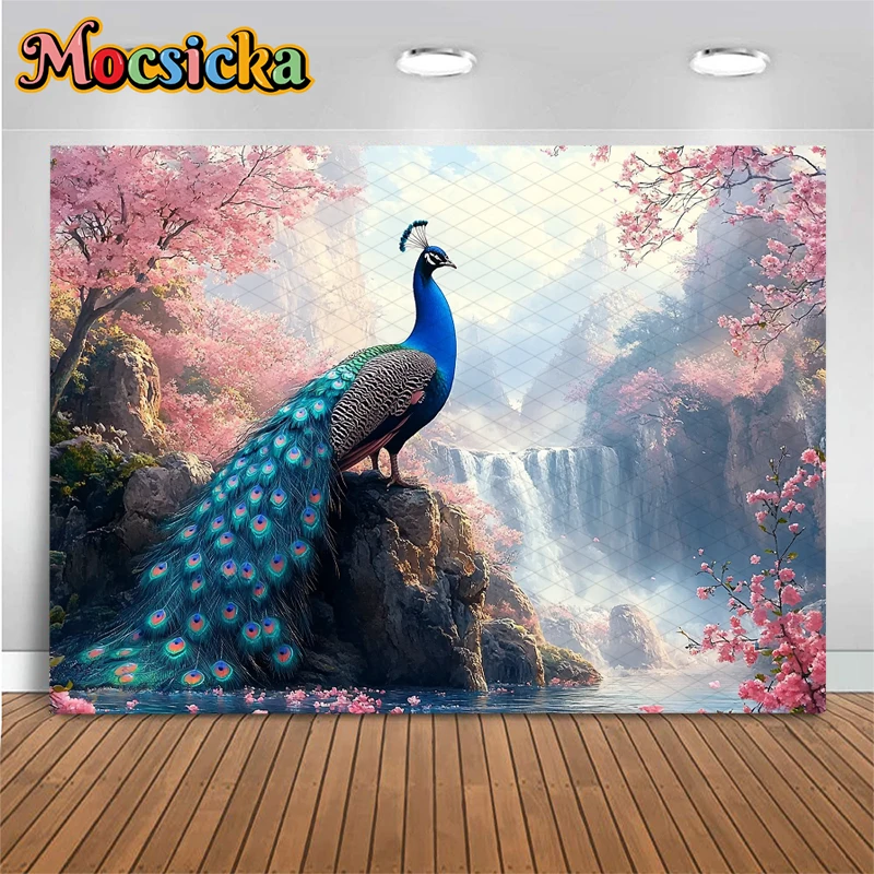 Mocsicka Peacock Photo Backdrop Natural Scenery Spring Mountain Waterfall Pink Tree Flower Decor Birthday Photography Background