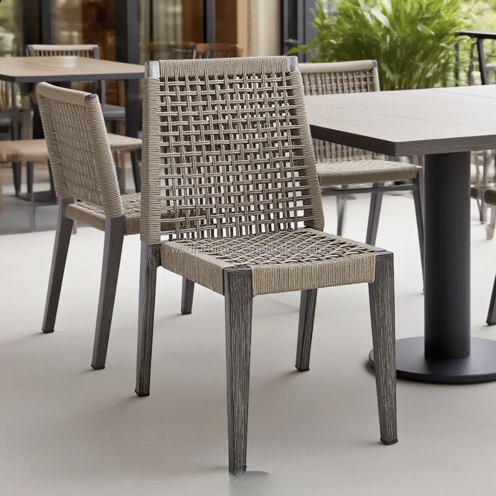 Modern Outdoor Aluminum Side Chairs Water-Proof Garden Rope Rattan Weave Restaurant Furniture Table for Parks Patios Stackable