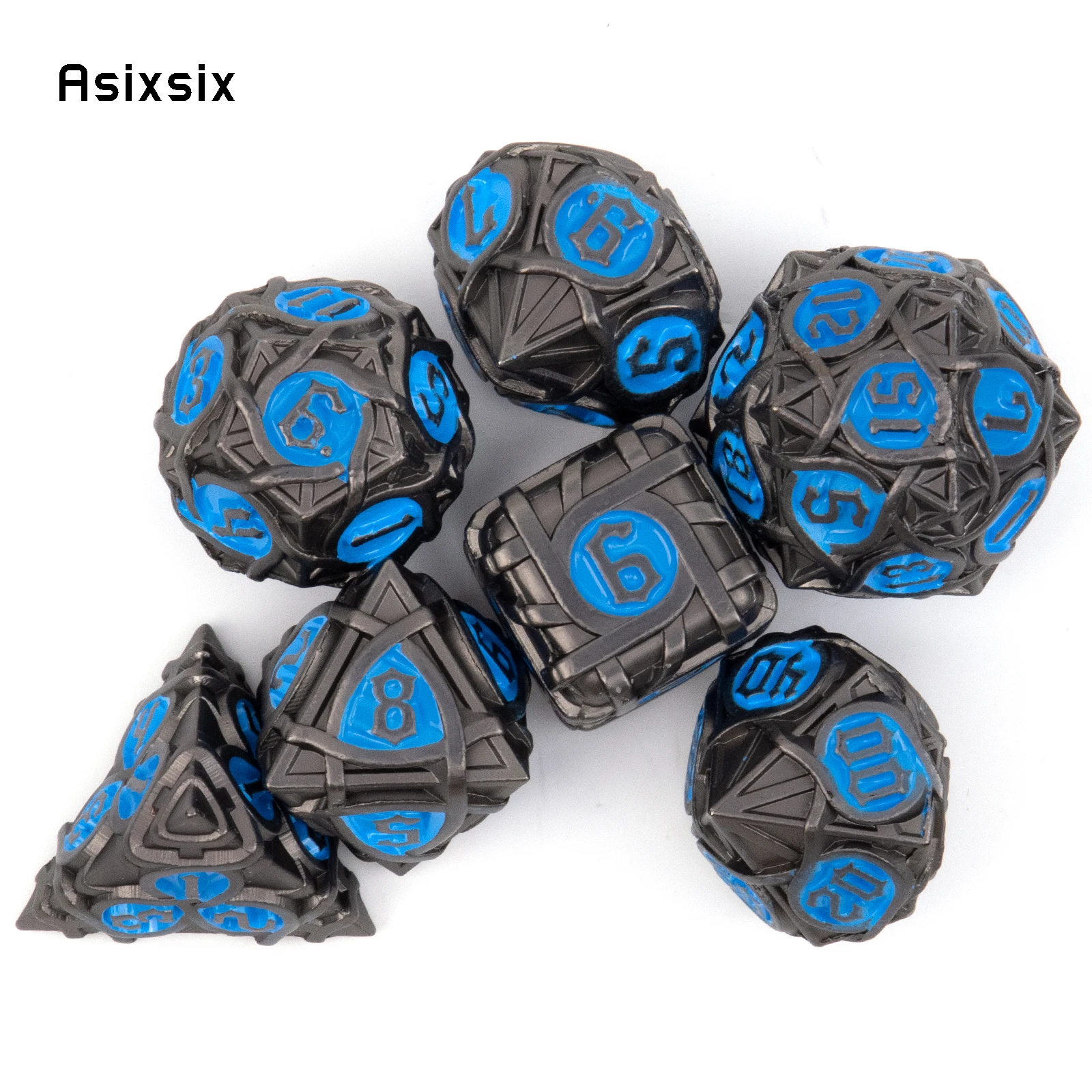 7 Pcs Blue Black Stripe Metal Dice Solid Metal Polyhedral Dice Set Suitable for Role-Playing RPG  Board Game Card Game