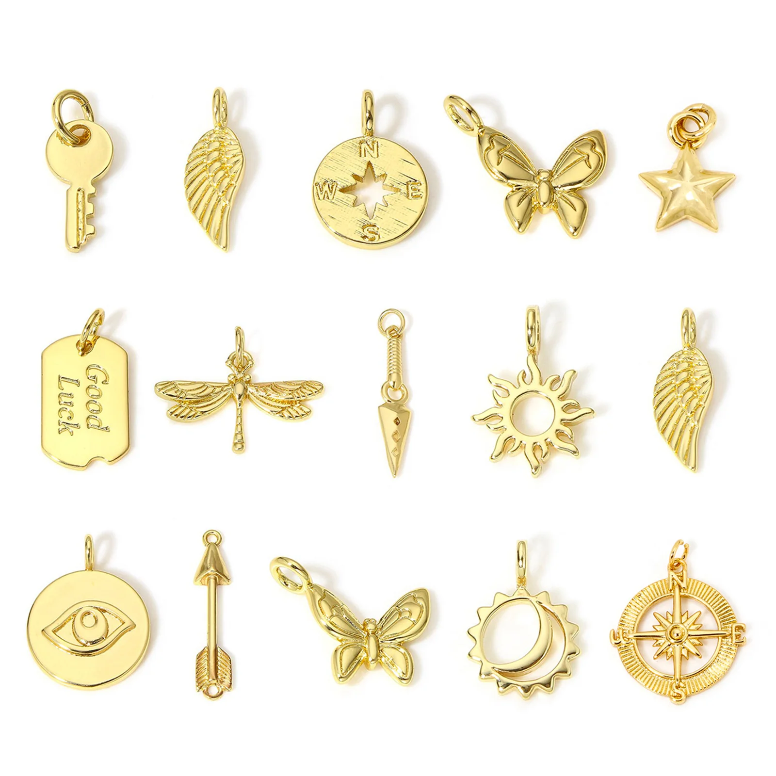 Brass Charms 18K Real Gold Plated Sun Moon Wing Key Good Luck Pendants For DIY Necklace Jewelry Making Findings, 1 Piece