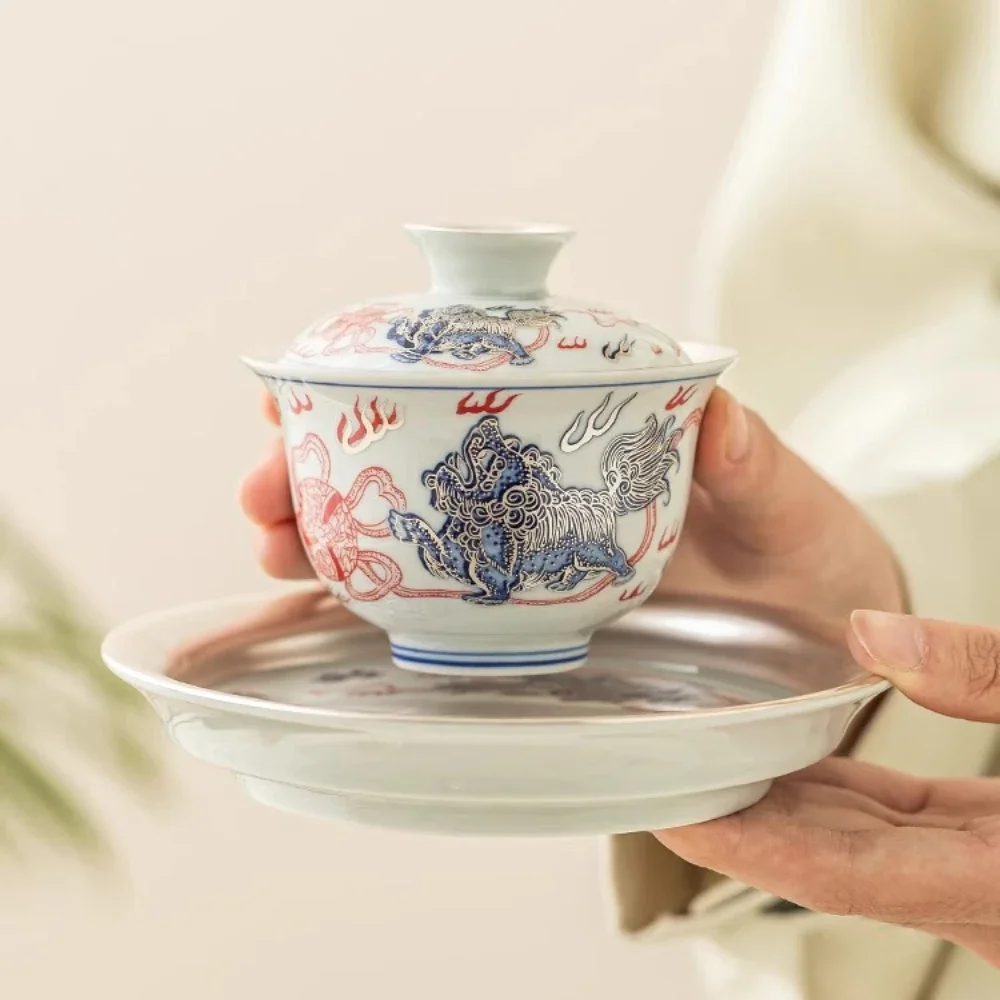 1Pc 100ML Handamde 999 Sterling Silver Gilded Gaiwan Chinese Lion Awakening Tea Tureen Tea Maker Cover Bowl Tea Items Collection