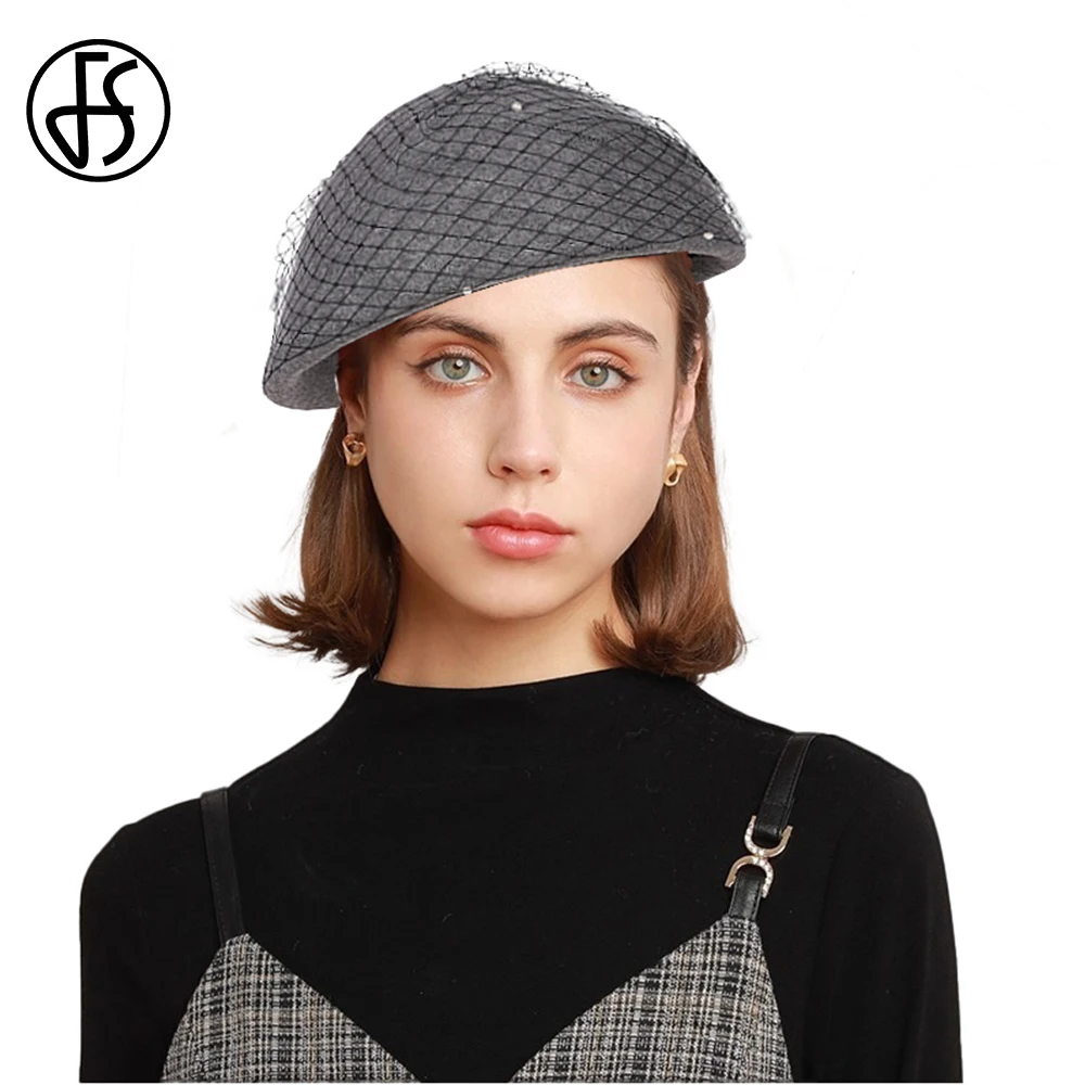 

FS Elegant French Beret Cap For Women Formal Dress Tea Party Pillbox Hat With Veil Vintage Wedding Fascinators Hats Felt Fedoras