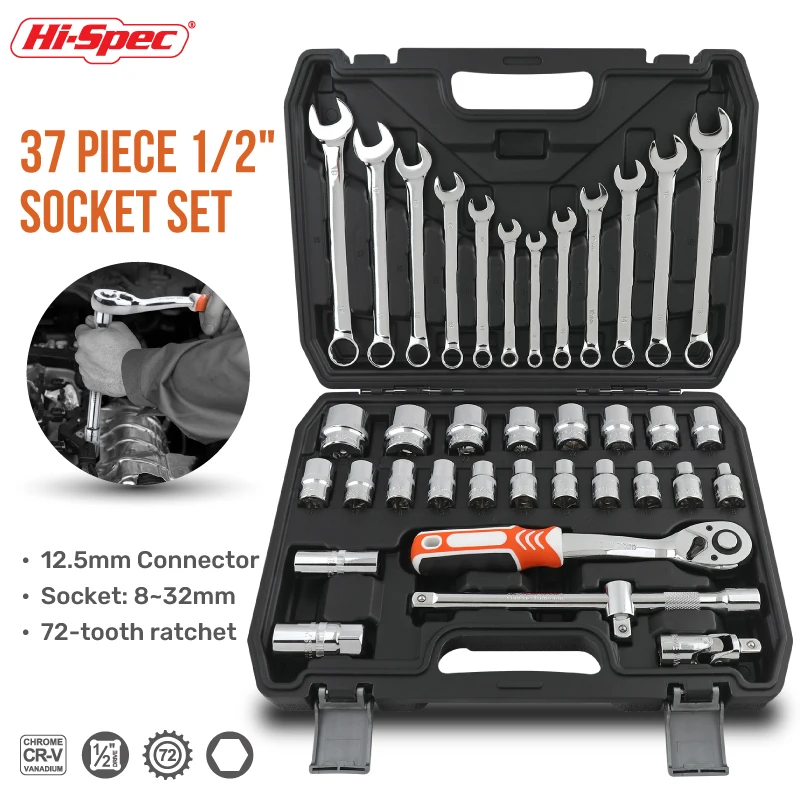 

Apollo 37-Piece 1/2" Drive Professional Socket Set, Auto Repair Tool Kit with Ratchet/Extensions in Heavy-Duty Case Cr-MV Steel