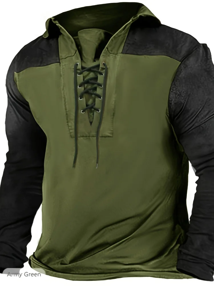 Men Plus‑Size Color‑Block Lace‑Up Collar Long‑Sleeve Casual Pullover Top