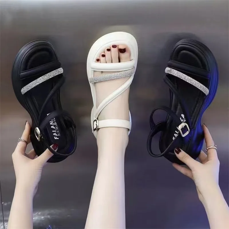 Summer 2024 New Roman Sandals for Women Shoes Peep Toe Rhinestone Ankle Buckle Comfort  Increasing Height Sole Sandal