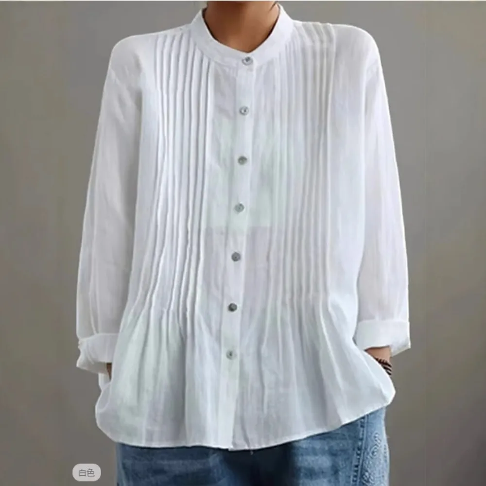 Women Long Sleeve Pleated Button Down Shirt Casual Loose Fit Wrinkle Free Breathable Soft Flattering Daily Office Streetwear